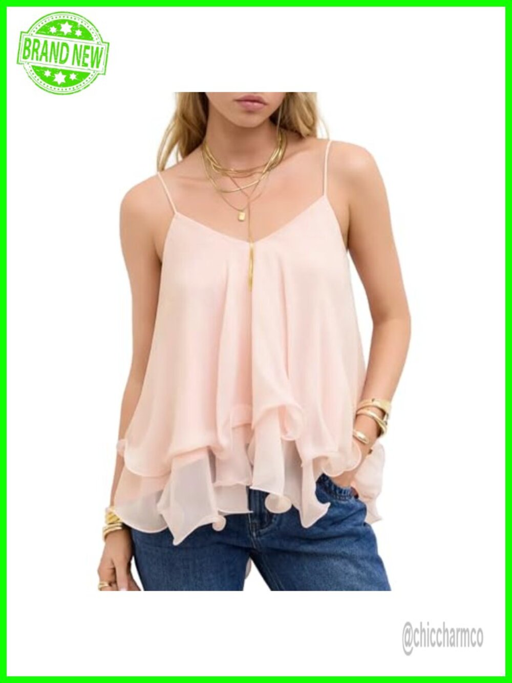 Womens Chiffon Ruffle Layered Tank Top Spaghetti Strap Loose Fit Summer Camisole